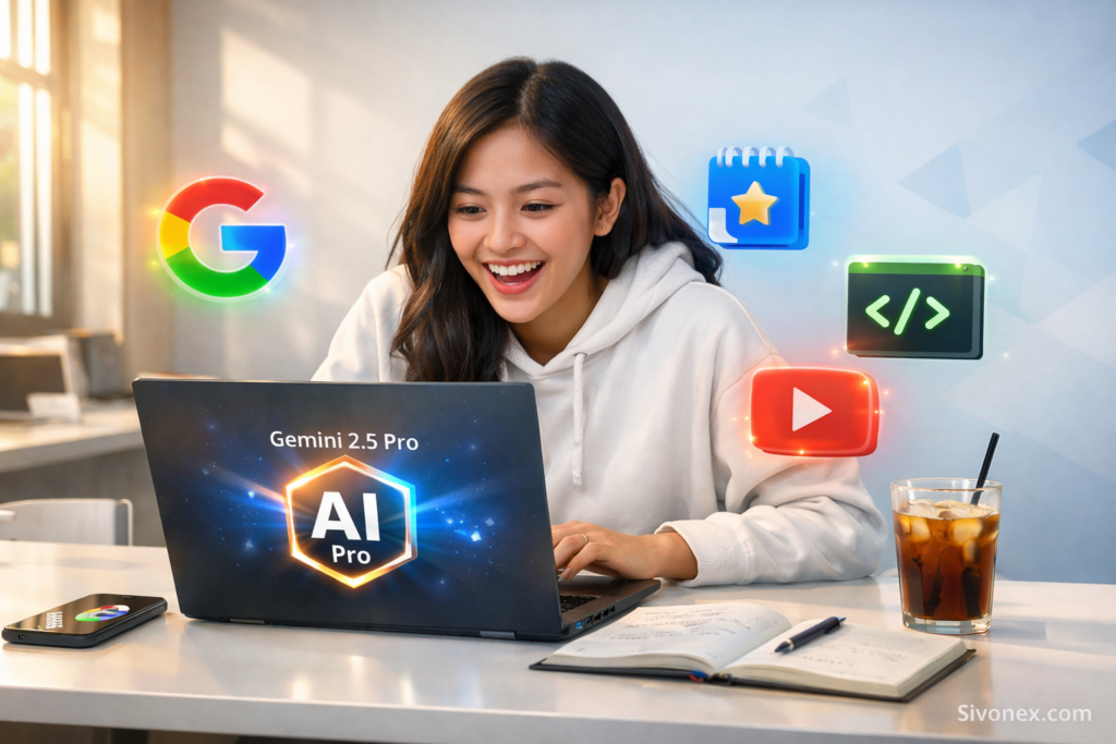 Mahasiswa Indonesia menggunakan Google AI Pro di laptop untuk belajar dan skripsi