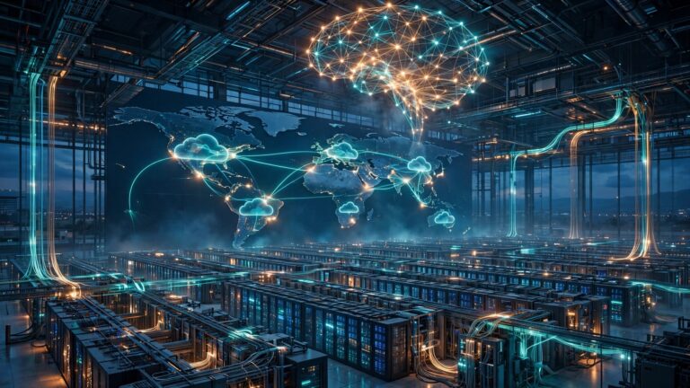 Illustration of a massive AI cloud data center campus at dusk with glowing server racks and network connections across a world map