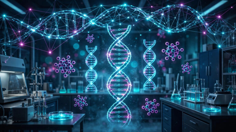 Illustration of an AI neural network analyzing glowing DNA helix structures and enzyme molecules in a biology laboratory