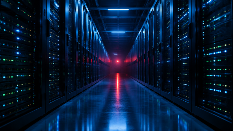 Photograph of a data center corridor lit in blue with a red warning beacon at the far end, symbolizing Anthropic's IPO filing warning that advanced AI could pose existential risks to humanity