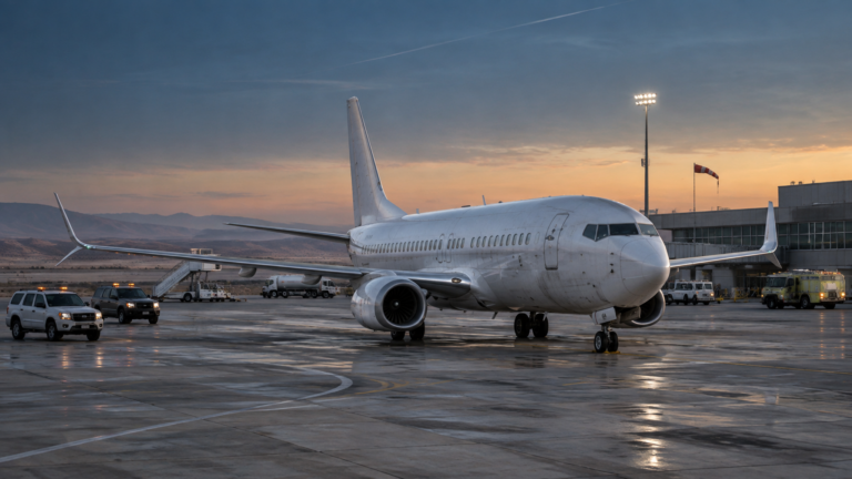 Boeing 737 MAX 8 passenger jet parked on the apron at Tabuk airport in Saudi Arabia at dawn with emergency response vehicles nearby, after Flydubai flight FZ1073 diverted transmitting emergency squawk codes 7700 and 7500