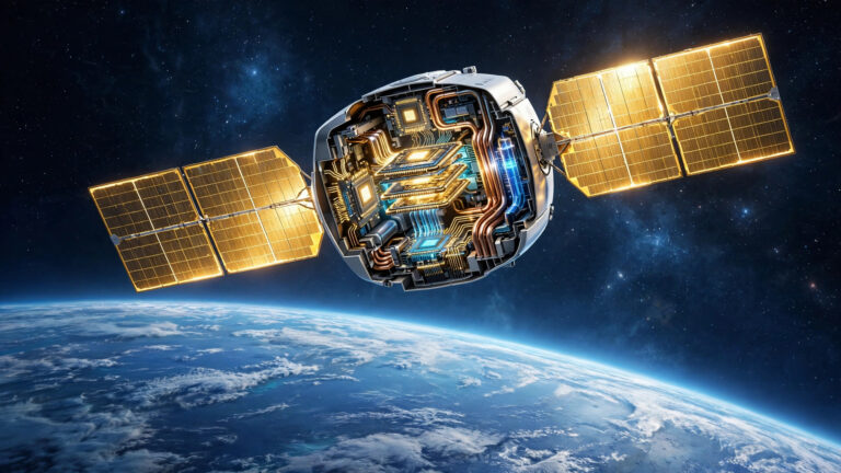 Illustration of a small satellite with glowing solar panels orbiting Earth, with a cutaway view revealing glowing AI chips inside, symbolizing Google's Project Suncatcher test of AI hardware in space.
