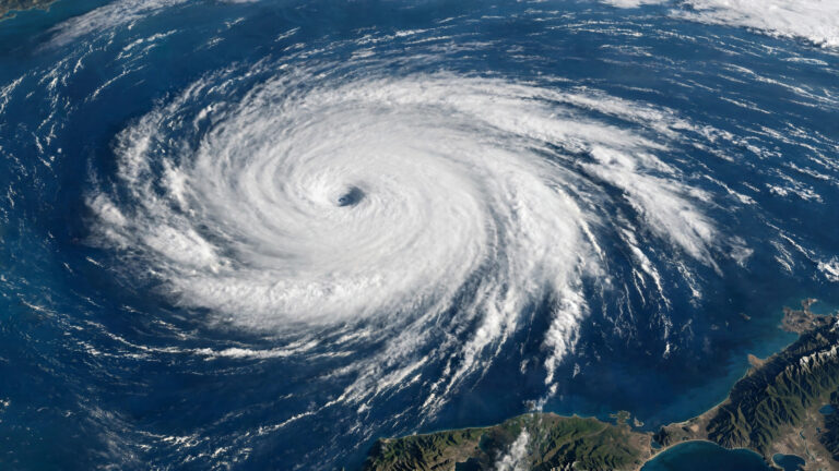 Satellite view of Category 5 Hurricane Polo swirling over the Pacific Ocean off the coast of southwestern Mexico.