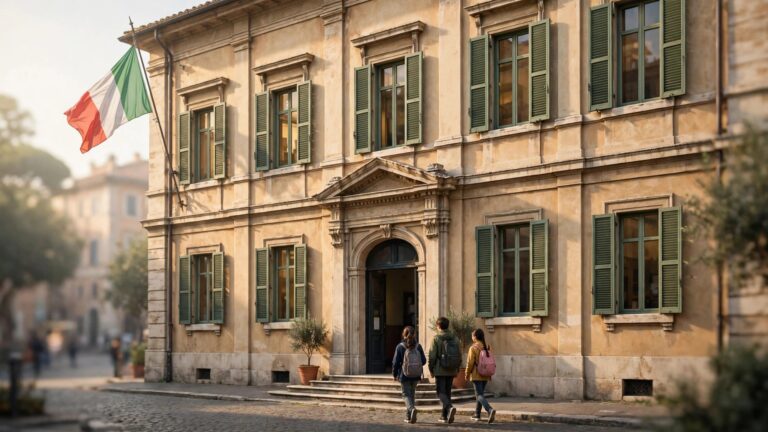 Illustration of an Italian school building with the Italian tricolour flag flying in the morning sun