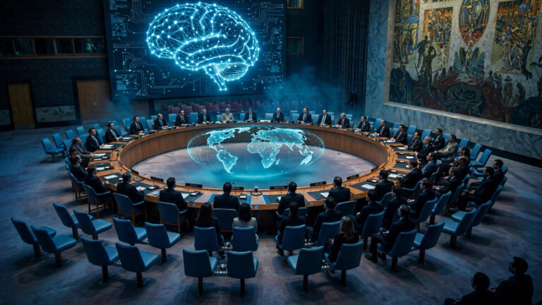 Illustration of the UN Security Council chamber with a glowing artificial intelligence brain display above the delegates' table