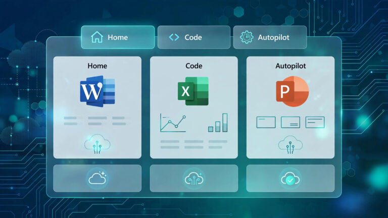Illustration of the redesigned Microsoft Copilot app with Home, Code and Autopilot sections and embedded Word, Excel and PowerPoint icons