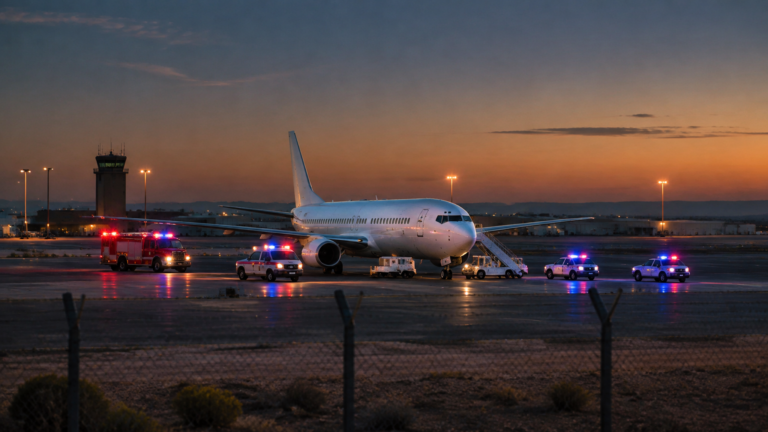 Emergency vehicles with flashing lights surround a white passenger jet parked on the tarmac at dusk after an emergency landing.