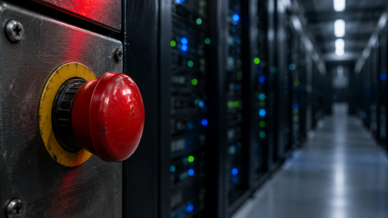 Close-up photograph of a red emergency-stop button on a steel control console in an AI data center, symbolizing OpenAI pausing the GPT-6.1 Astra model release over safety concerns