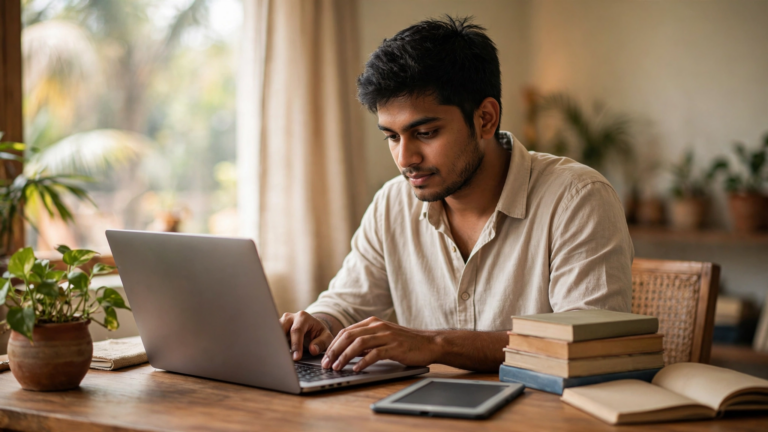 Young Indian author publishing a book on Amazon KDP from a home office in India, with a laptop, e-reader and paperback books on the desk