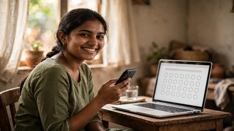 Young Indian woman using survey apps on her phone and laptop at home