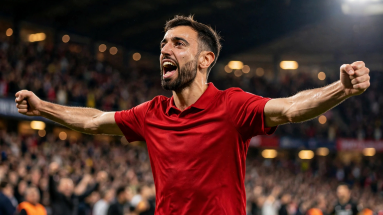 Bruno Fernandes celebrating a goal in a red Manchester United-style kit at a floodlit night stadium
