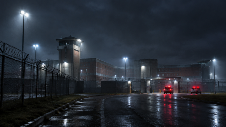 Illustrative image: a maximum-security prison exterior floodlit at night with distant emergency-vehicle lights, moody documentary news-photography style
