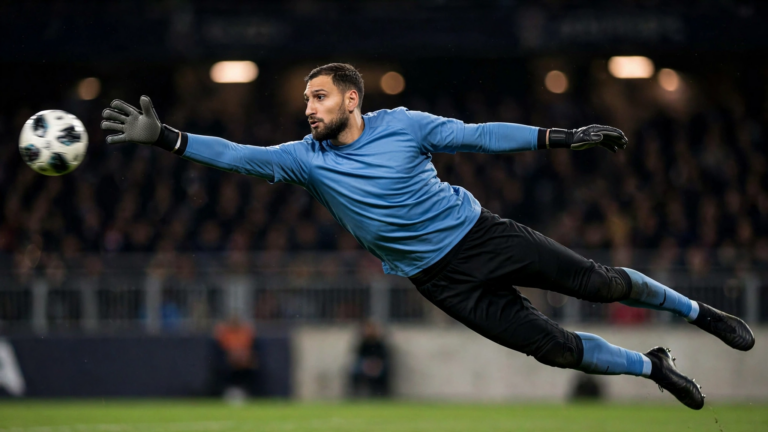 Gianluigi Donnarumma-style goalkeeper diving to make a save in a sky-blue Manchester City kit at a floodlit night stadium