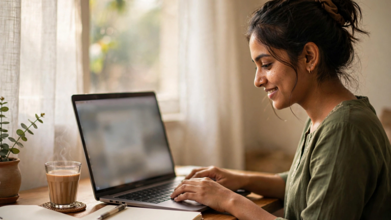 A young Indian woman writing a blog on a laptop at a warm home desk with a glass of chai and a notebook beside her