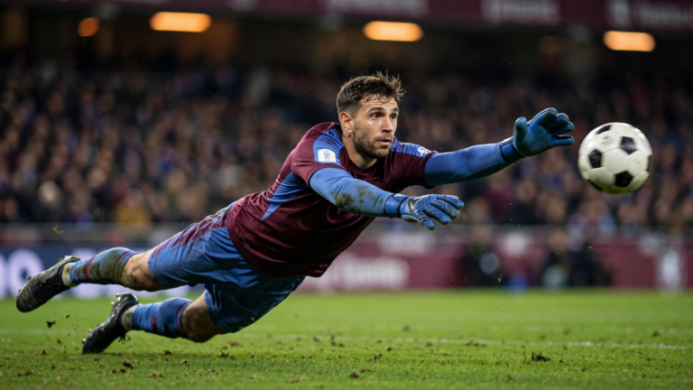 Emiliano Martínez making a diving save for Aston Villa at a floodlit night stadium