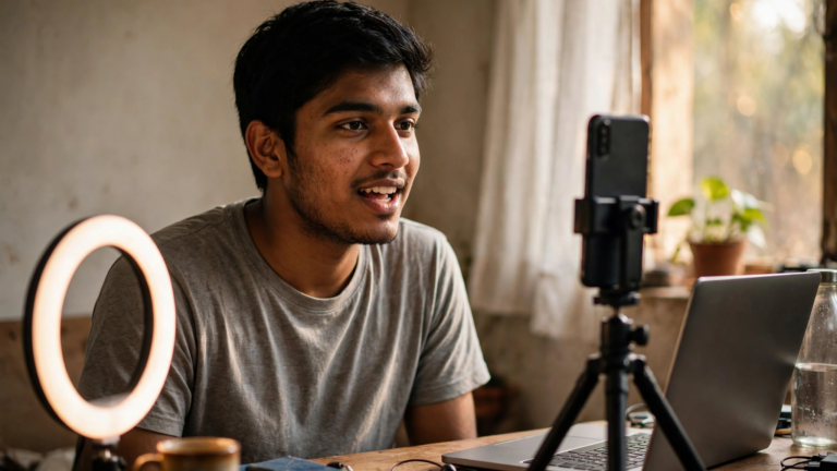 Photorealistic photo of a young Indian man recording a video on a smartphone tripod with a ring light in a home room