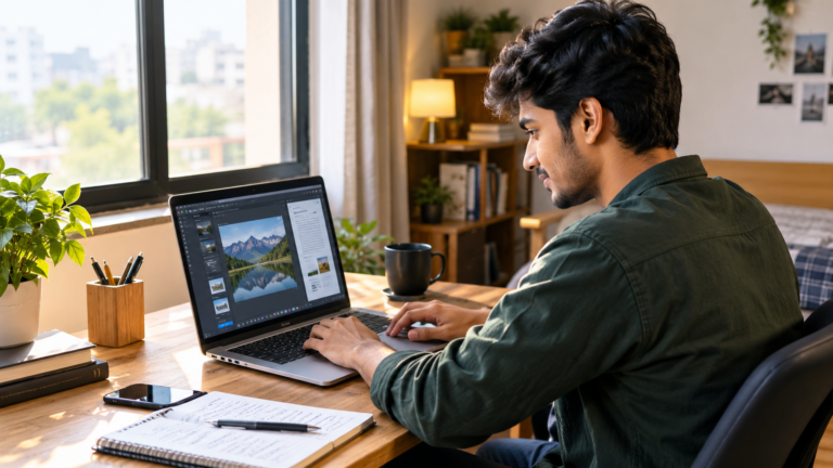 Young Indian freelancer working on a laptop in a sunlit home office, building an online income with AI tools