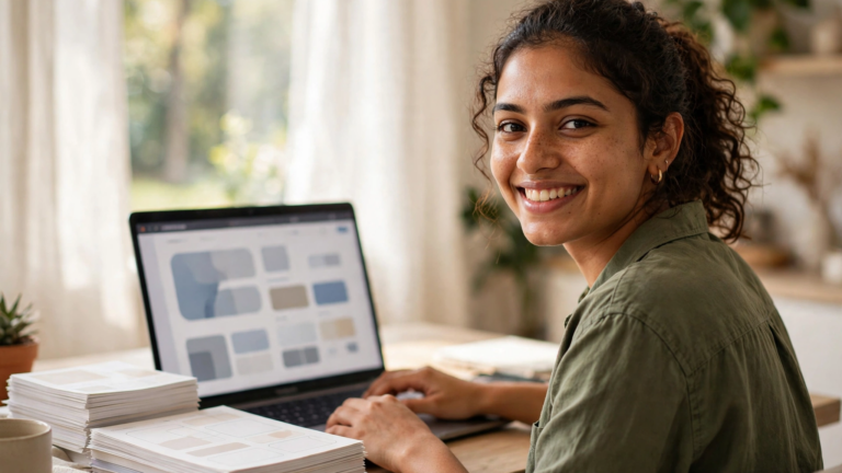 Young Indian creator selling digital products online from a bright home office in India.