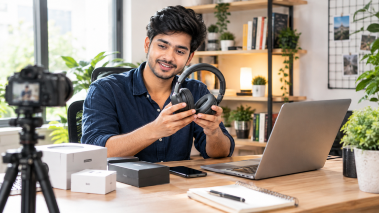 Young Indian creator filming a product review to start affiliate marketing in India from a bright home studio