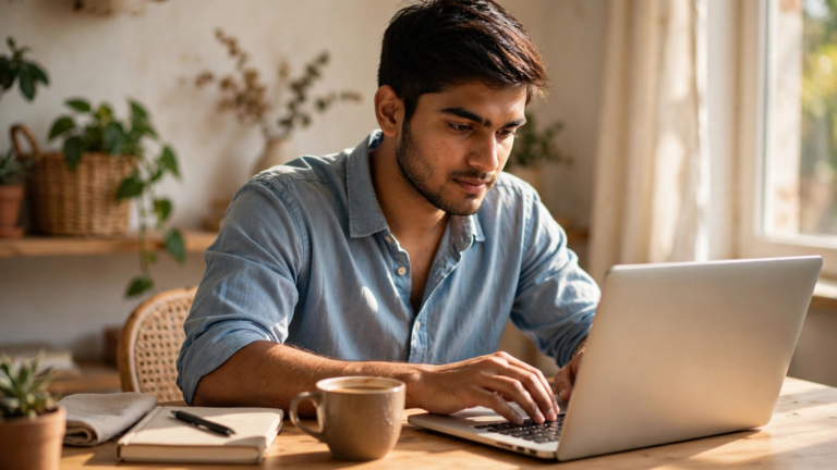 Young Indian freelancer working on a laptop in a sunlit home office.