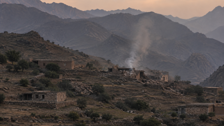 Illustrative image: damaged village houses with a thin smoke column in an eastern Afghan mountain valley at dusk, documentary news-photography style