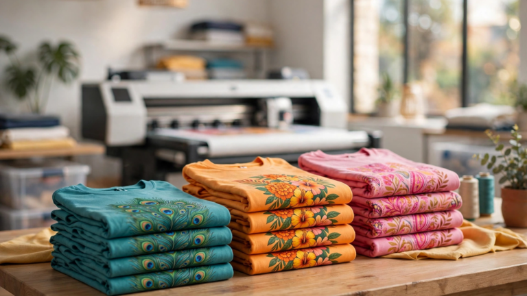 Stacks of custom-printed t-shirts in a print-on-demand studio in India