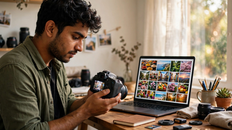 Young Indian photographer reviewing photos on a DSLR with a laptop showing a photo portfolio for sale