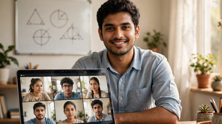 Young Indian online tutor teaching a live video class with students on a laptop screen
