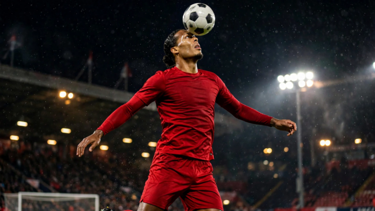 Virgil van Dijk heading the ball for Liverpool at a floodlit night stadium