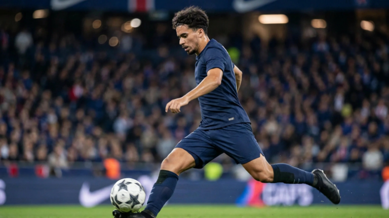 Vitinha in action for Paris Saint-Germain in a UEFA Champions League night match